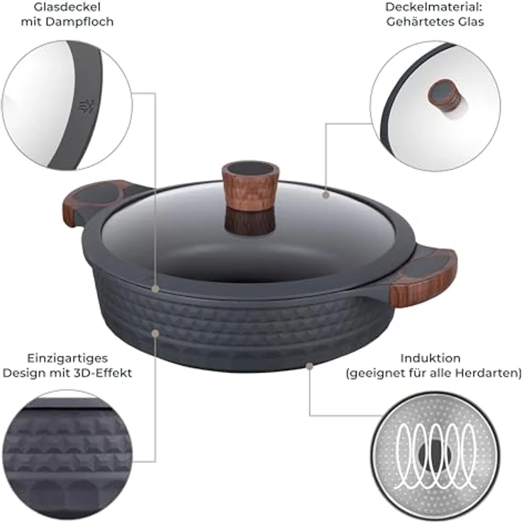 RESTO Kitchenware Kochtopf Capella, Schmortopf antihaftbeschichtet und spülmaschinenfest, Aluminiumguss (2-tlg), mit Glasdeckel und stoßdämpfendem Silikonrand, im Geschenkkarton – Bild 5