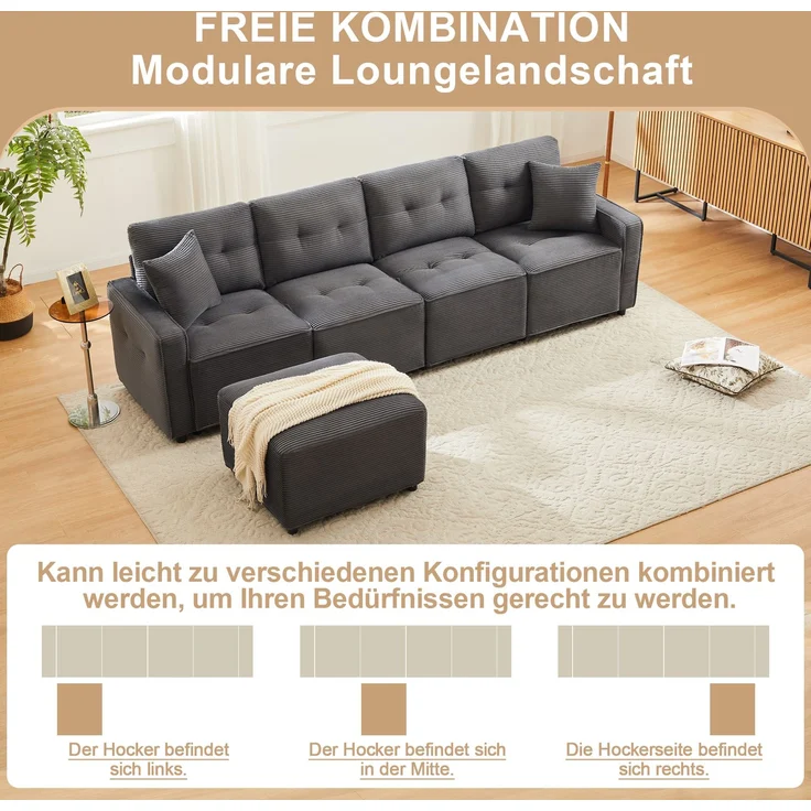 Merax 280cm Großes Sofa, 4-Sitzer Corduroy Sofa, mit Stauraum unter den Sitzflächen, inklusive eines frei platzierbaren Hockers, Grau – Bild 8