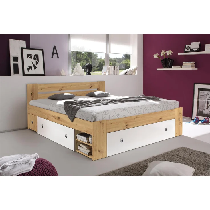 Stauraumbett >Robina< in Artisan Eiche Nachbildung / Weiß - 145x86x204cm (BxHxT) – Bild 3