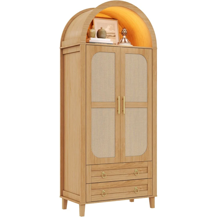 DESVIAE Garderobenschrank Natur aus MDF/Spanplatte – 76x184x50 cm – LED-Beleuchtung, 2 Schubladen – Bild 8