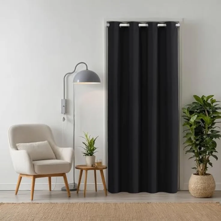 tinycurtains Türvorhang für alle gängigen Türgrößen, Thermovorhang (ohne Stange) Türgardine (1 St), Ösen, abdunkelnd, 100% Polyester, Raumteiler blickdicht schwarz Eclipse 210x150cm für Tür & Fenster – Bild 2