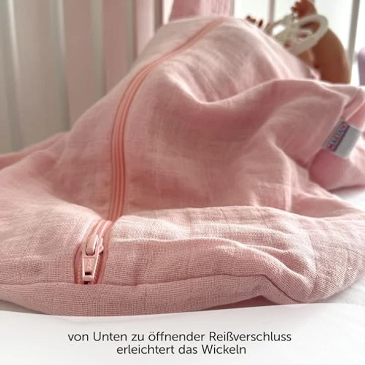 Makian Musselin-Schlafsack - Puder - 100 cm, atmungsaktiver Baumwollsack mit TOG-Wert 1,0 und durchgehendem Reißverschluss – Bild 2