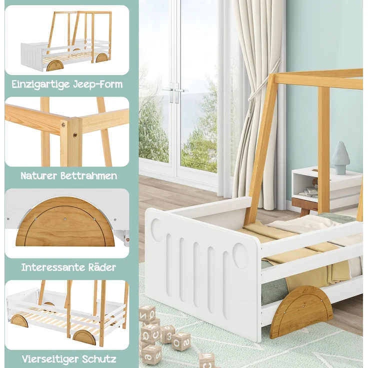 Kinderbett Auto-Design aus Holz mit Seitenschutz, stabilem Rahmen, dekorativem Kopfteil, spielerischem Look – Bild 4