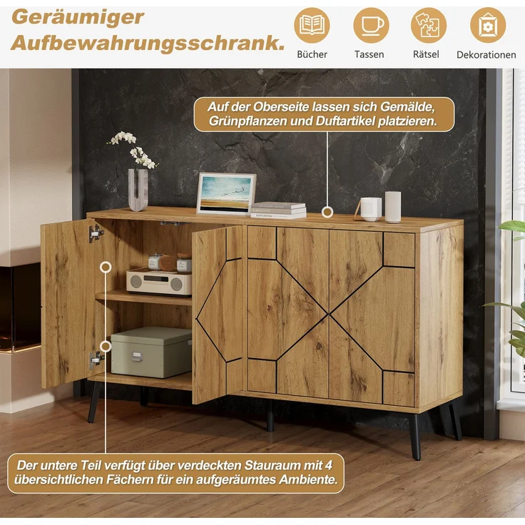 Merax Sideboard mit Wellenmuster, 4 Türen mit Rückprallmechanismus, Aufbewahrungsschrank, Holzfarbe – Bild 5