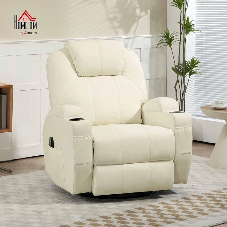 HOMCOM Massagesessel mit Fernbedienung, Drehbarer Fernsehsessel mit Liegefunktion (Ruhesessel, 1-St, Relaxsessel), für Wohnzimmer, Cremeweiß – Bild 2