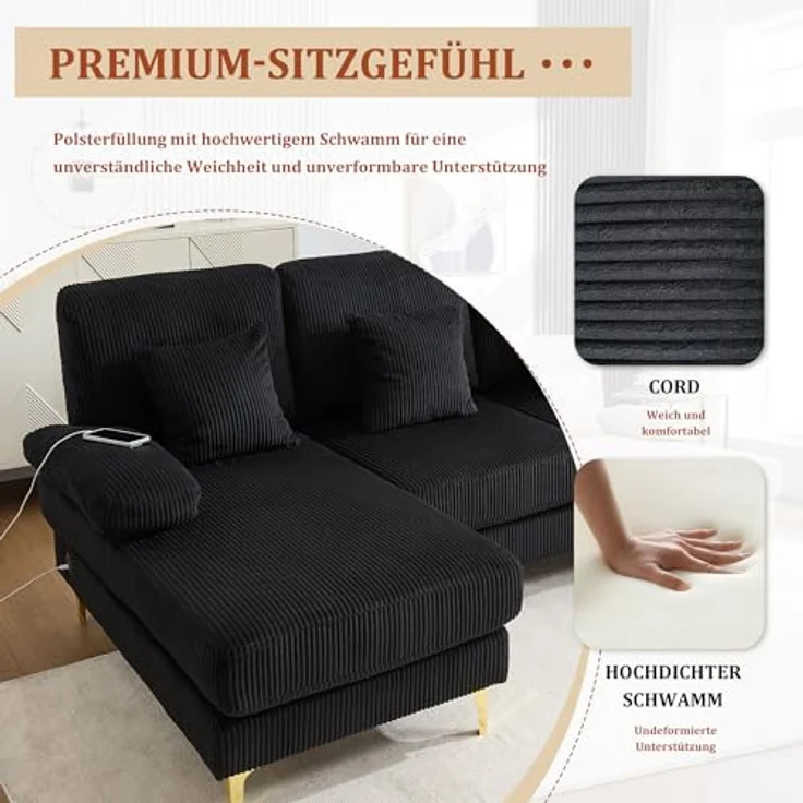 Ball & Cast U-förmiges Couch mit Schlaffunktion, Samt Sofa mit Lichtleiste und USB-Anschlüssen für das Wohnzimmer Wohnung Villa, 265 x 88 x 135 (BxHxT), Schwarz – Bild 8