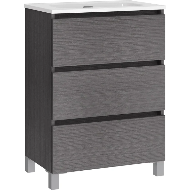 Baikal, Natura Badezimmer-Set mit reduziertem Hintergrund, mit Keramikwaschbecken, DREI Schubladen, montiert, DREI Schubladen, 3 Schubladen, ohne Spiegel, Boden 39 cm, 70 cm Nebraska