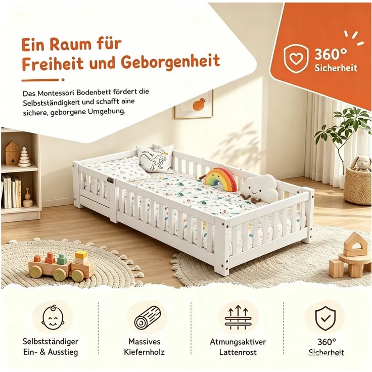 Simurq Kinderbett mit Sicherheitsgitter, Bodenbett aus Massivholz, Montessori Bett (1 tlg, ohne Matratze, Mit Lattenrost), Bodenbett für Kleinkinder, Minimalistisch, Niedrigbett, Weiß – Bild 3