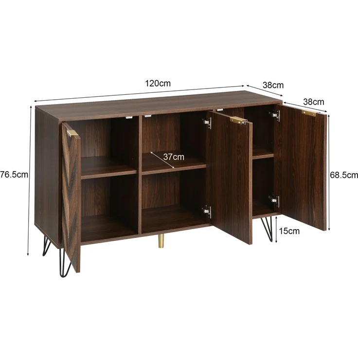 Merax Sideboard mit Fischgrätenmuster Dekor und Eisenfüße, Kommode mit 3 Türen und goldenen Metallgriffe, B:120cm – Bild 6