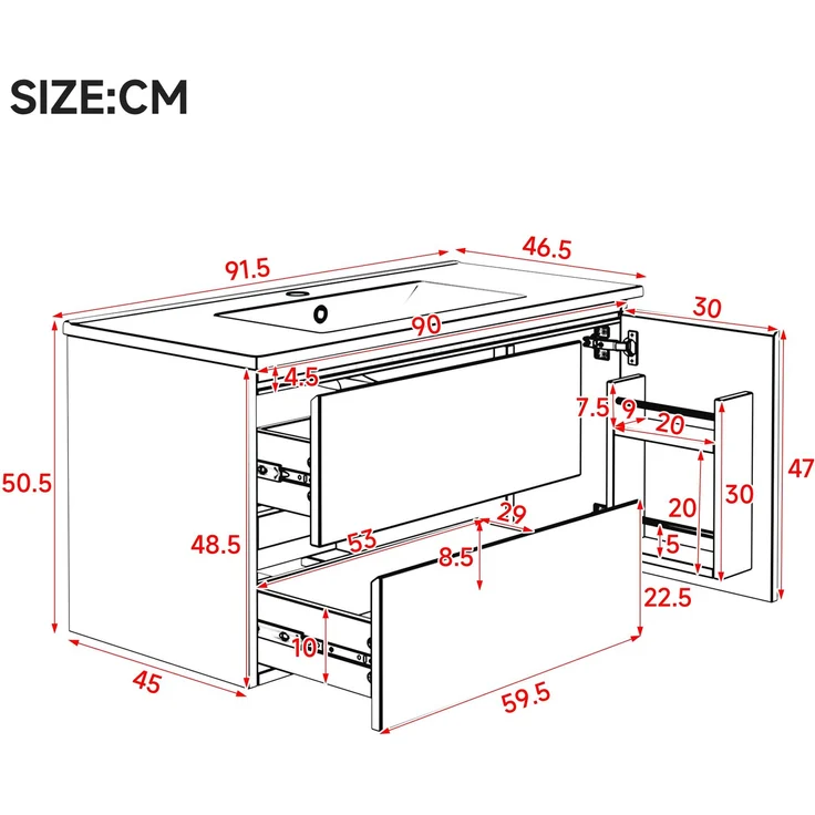 91.5×46.5×50.5cm wandhängender Waschtischunterschrank,hochwertig lackiert,LED-Radarsensorleuchte, Ablagefach an der Tür, zwei Schubladen mit geräuschlosen Auszugsschienen,Keramikwaschbecken,weiß – Bild 5