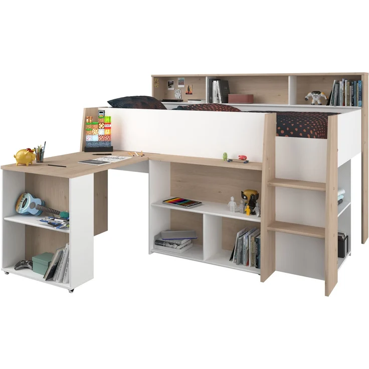 Parisot Lucas Hochbett 90x200 – Weiß/Eiche Dekor – Bild 1