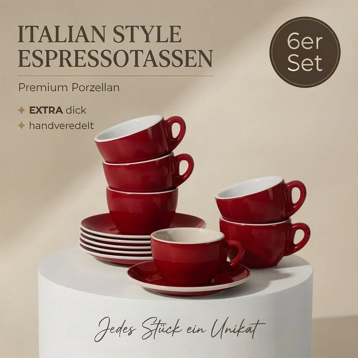 MUVELL Espressotasse 6x Espressotassen & Untertassen Set 0,8 cm dickwandig, rot, 6-tlg, Keramik, 60 ml rot mit weißen Rand und Innenfläche – Bild 2
