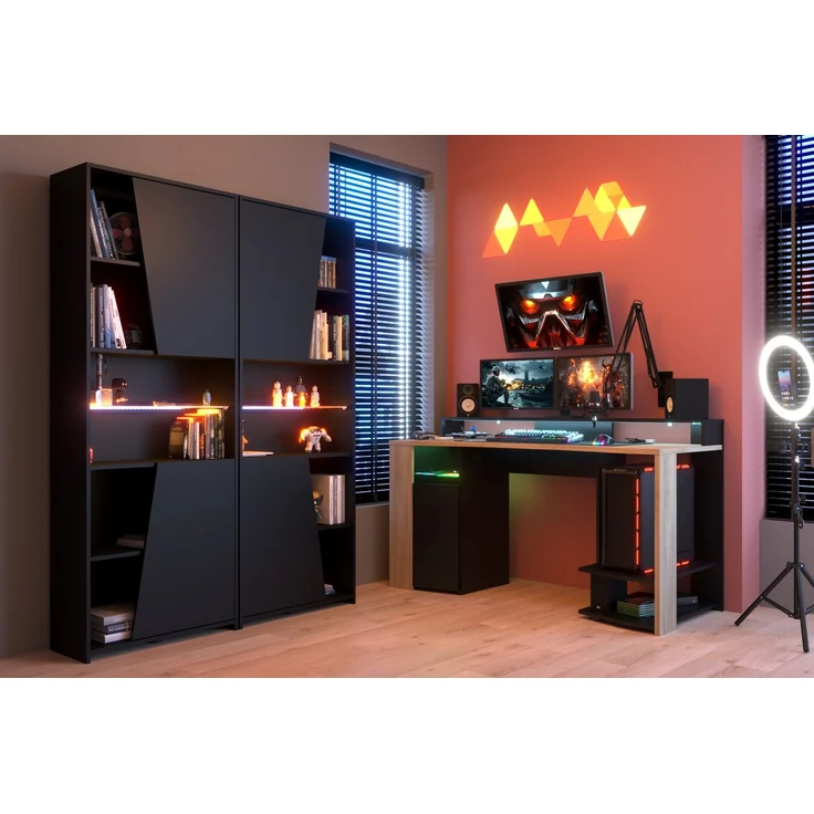 Gaming-Möbel Meta Jugendmöbel von Parisot Komplett Set Gamer Tisch in Schwarz und Holzton Chene Kronberg, Gamingzimmer mit Beleuchtung - verschiedene Varianten wählbar - 3 teilig , Schreibtisch + zwei Schränke
