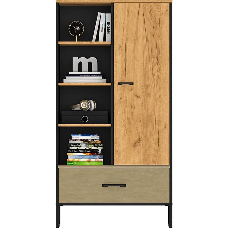 Highboard 80cm breit, schwarz mit Eiche und sandfarben, CASPER-131 – Bild 3
