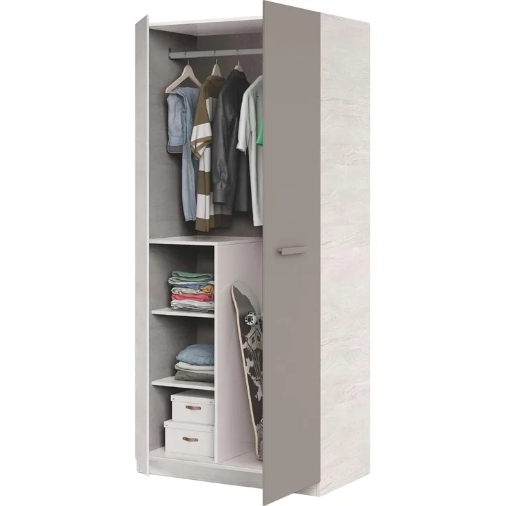 Dreitüriger Kleiderschrank mit Kleiderstange und drei Innenböden, Holzoptik weiß mit braunem Türdetail, Maße 90 x 200 x 52 cm