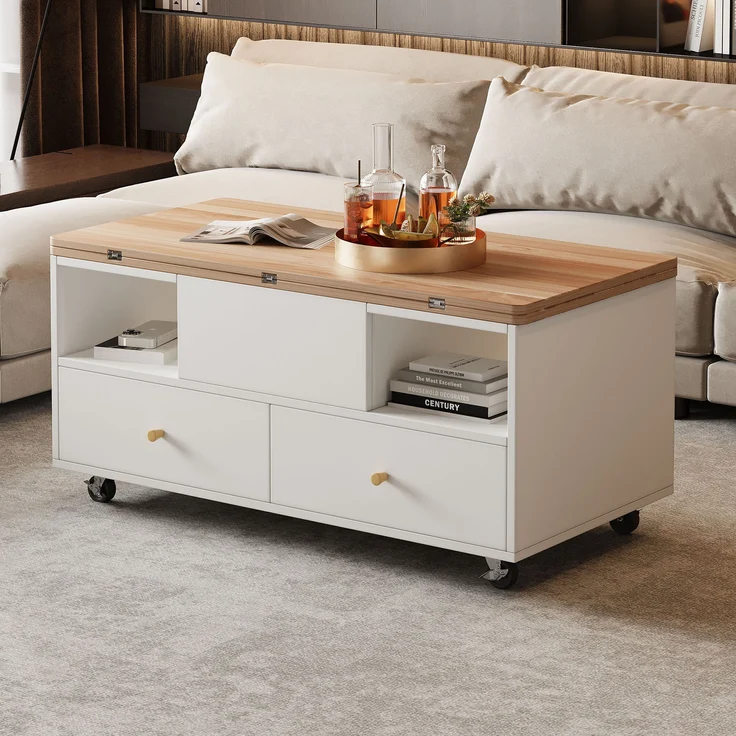 Höhenverstellbarer Couchtisch aus MDF mit 4 Schubladen, Klappfunktion & Rollen, 100x50x47,5-62 cm, Naturholz/Weiß – Bild 4