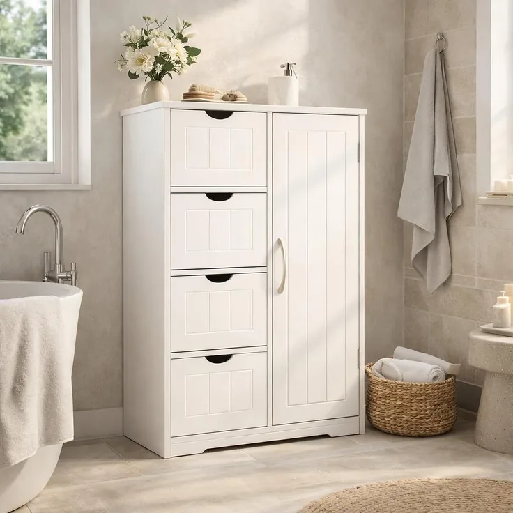 DUMOS Badezimmerschrank, MDF Kommode mit Schubladen, Badschrank Schmal Klein, Beistellschrank mit 4 Schubladen, 55 x 28.5 x 81 cm, für Badezimmer, Wohnzimmer, Schlafzimmer, Esszimmer, Küche, Weiß