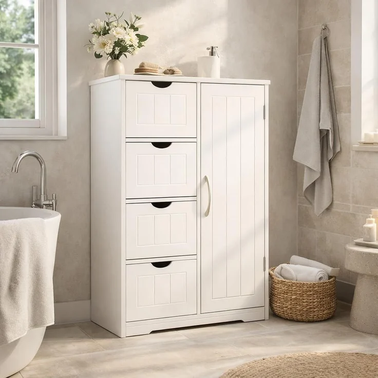 DUMOS Badezimmerschrank, MDF Kommode mit Schubladen, Badschrank Schmal Klein, Beistellschrank mit 4 Schubladen, 55 x 28.5 x 81 cm, für Badezimmer, Wohnzimmer, Schlafzimmer, Esszimmer, Küche, Weiß