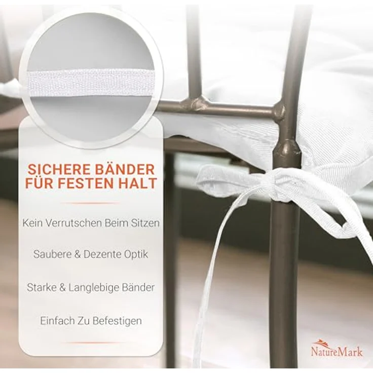 NatureMark 4er Set Stuhlkissen mit Bändern Gr. 40x40 cm Sitzkissen gefüllt, Natur/Crème – Bild 7