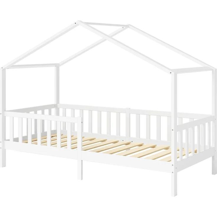 Bellabino 'Bia' Hausbett 90x200 cm, weiß, Kiefer Massivholz, Montessori Kinderbett mit Rausfallschutz und Lattenrost – Bild 2