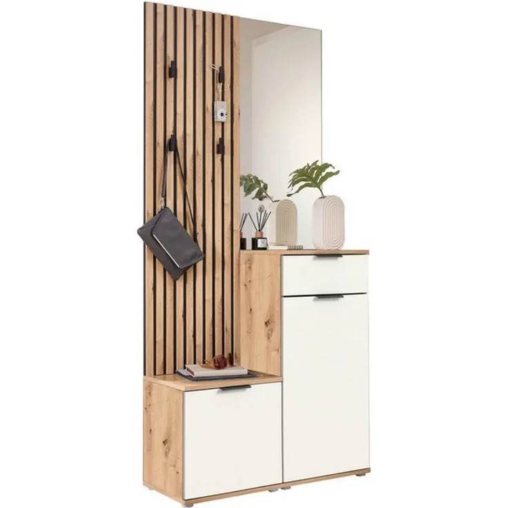 moebel-dich-auf Kompaktgarderobe EASY (Paneel + Bank + Spiegel + Schuhschrank, in 2 Farbvarianten, Lamellenoptik) 88 cm breit