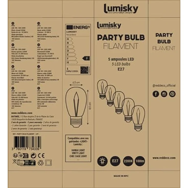 Lumisky LED-Leuchtmittel E27, warmweiß, Filament, Vintage, 9 cm, 5 Stück für Party-Lichterkette – Bild 4