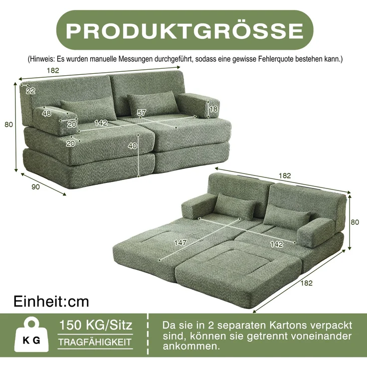 Modulares Schlafsofa aus Chenille, 2-in-1 als Sessel und Gästebett, 182x90x80 cm, Grün – Bild 5