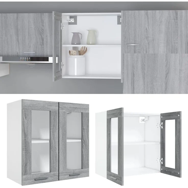vidaXL Hängeschrank, Wandschrank für Küche, Küchenschrank mit viel Stauraum, Geschirrschrank Schwebeschrank Schrank, Glas Grau Sonoma Holzwerkstoff – Bild 6