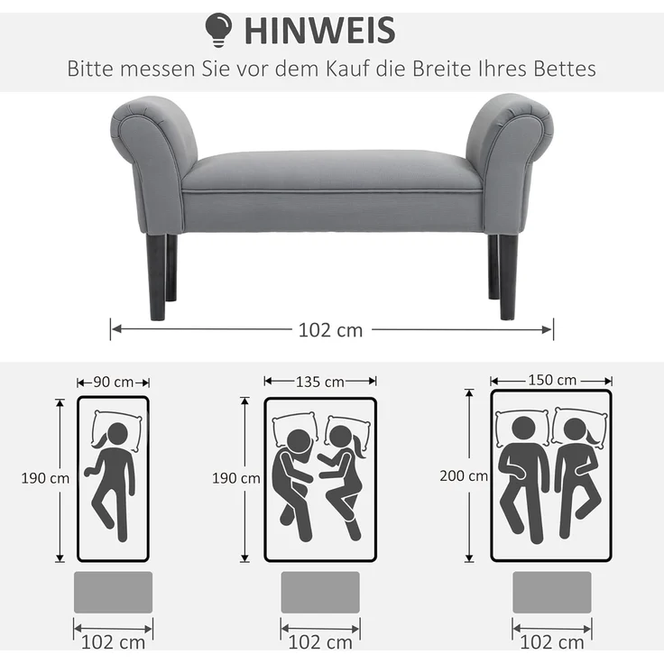 HOMCOM Polsterbank Flurbank für Schlafzimmer, bis 130 kg Belastbar (Sitzbank, 1-St, Bettbank), Segelstoff, Grau, 102 x 36 x 51 cm – Bild 3