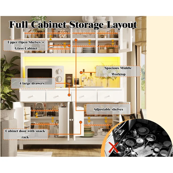 ZUBALIYA Hochbuffetschrank 140*38.5*180cm mit App-gesteuerter RGB-LED / verstellbare Einlegeböden, mit glastüren & 4 Schubladen und belastbar bis 100kg, Naturholz-Optik – Bild 13
