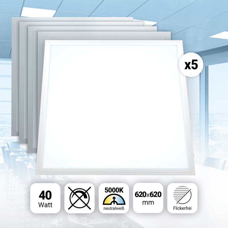 5x LED Panel 62x62 Neutralweiß 5000K 40W 3400lm Slim Design Alu PLe2.2 – Bild 2