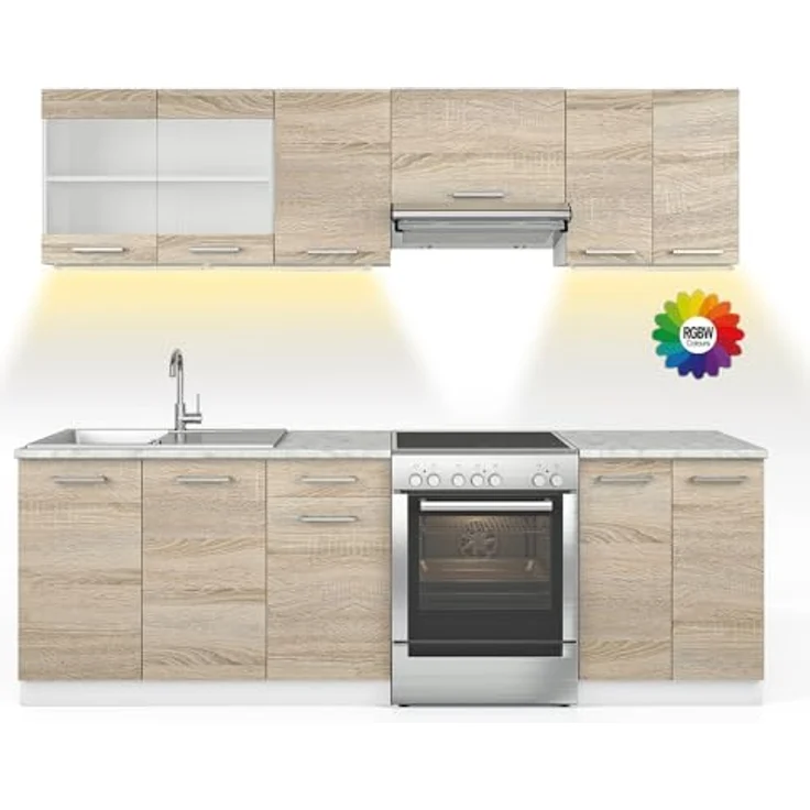 Vicco Küchenzeile 'Raul', Küchenblock in Sonoma Eiche und Weiß, modular, 240x82x60 cm, Holzwerkstoff, ohne Geräte – Bild 1