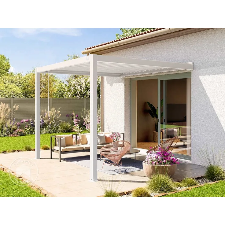 PRIMEYARD Terrassenüberdachung 3x3 m Aluminium-Pfosten mit Lamellendach aus Stahl weiße Anbau-Pergola