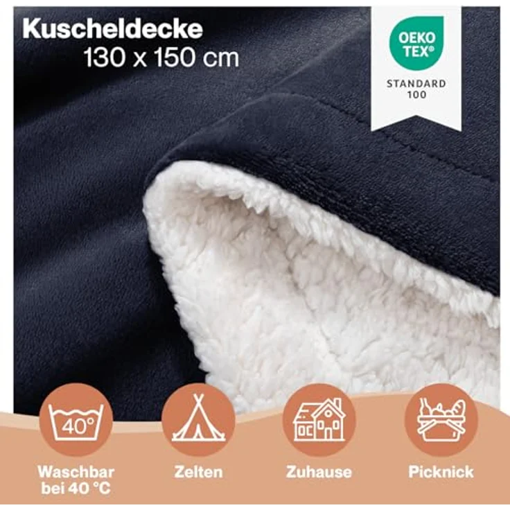 Blumtal Premium Sherpa Kuscheldecke flauschig - Wohndecke Kuscheldecke 130x150 cm - Oeko-TEX zertifizierte Fleecedecke 130x150 cm - Wohn- & Kuscheldecke - Wohndecke 130x150 cm in Dark Ocean - Blau – Bild 3