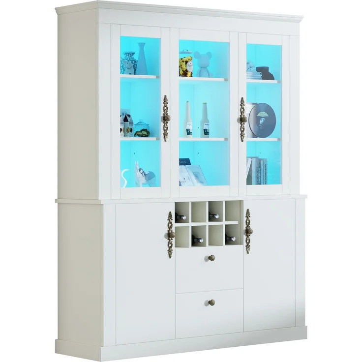 DESVIAE Vitrine mit LED-Beleuchtung und 8 Weinregalen 130x170,5x37,5 cm Spanplatte Glas Weiß – Bild 7