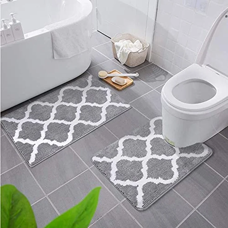 Homaxy rutschfest Badematten Set 2 teilig Weich Hochflor Bad WC Badezimmerteppich Set Mikrofaser Badvorleger Set 2teilig -Grau – Bild 3