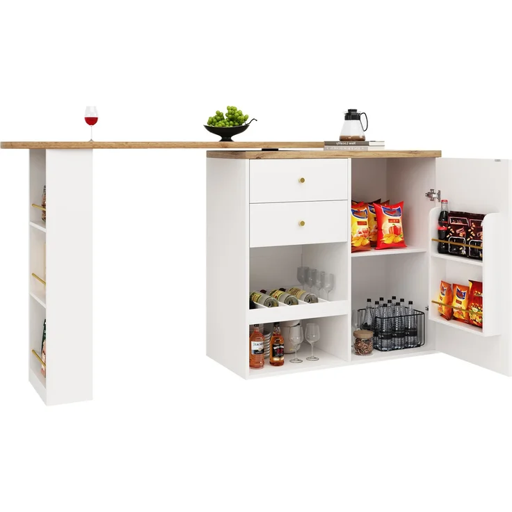 Drehbarer Bartisch (Hauptkörper 105 x 39 x 102 cm), mit 2 Schubladen und Schiebetürschrank, 3 Ebenen offener Stauraum, geeignet für Esszimmer/Arbeitszimmer/Wohnzimmer usw – Bild 4