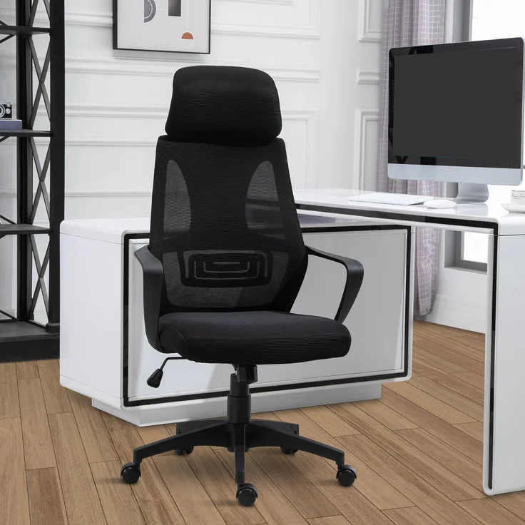MELAYR, Bürostuhl, Schreibtischstuhl mit Wippfunktion Höhenverstellbarer mit Kopfstütze, 64 x 55 x 126 cm, Schwarz – Bild 4