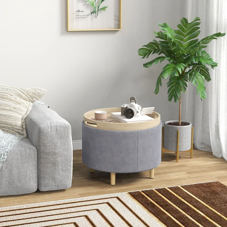 Sitzkissen mit Stauraum aus Sherpa-Stoff, max. 120 kg, mit klappbarem Tablett, aus MDF und Buche, 56 x 56 x 42 cm, grau – Bild 4