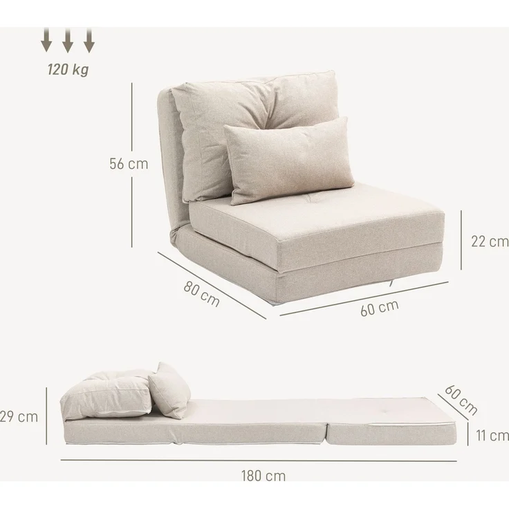 MELAYR, Bodensessel Klappmatratze Schlafmatte, 2-in-1-Design, abnehmbares Kissen, 60 x 80 x 56 cm, Beige – Bild 5