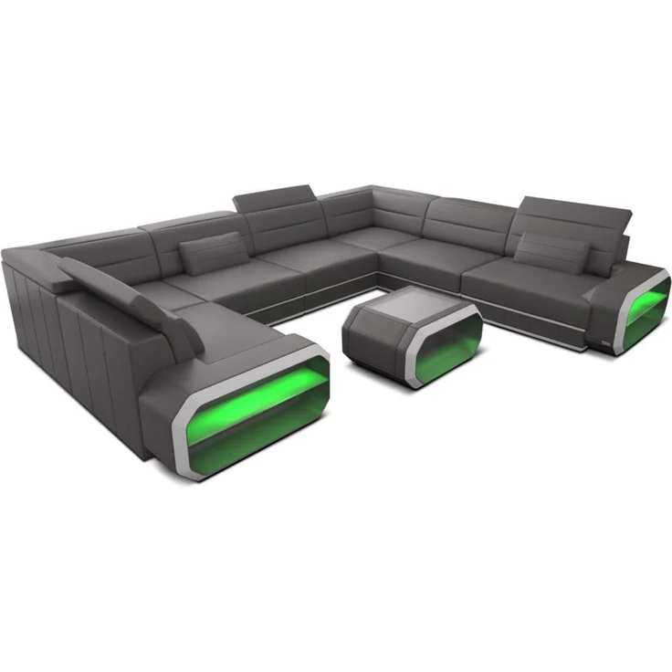 Leder Wohnlandschaft Verona U-Form – Komfort - Echtleder - grau-weiß - Rechts – Bild 1