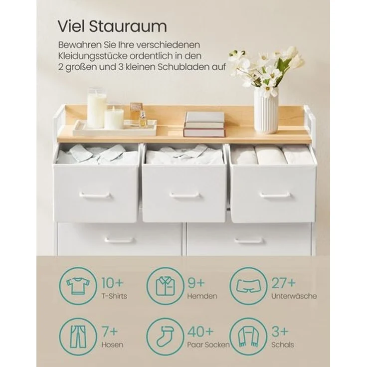 Songmics Kommode, 5 Stoff-Schubladen mit Griffen, MDF / Stahl wolkenweiß-eichenbeige, 70 x 29 x 98,2 cm – Bild 2