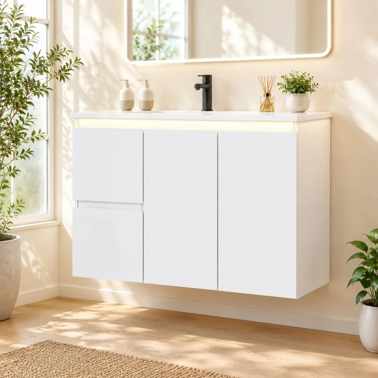 Waschtisch 76x47x57 cm, wandhängend, mit Keramikbecken und LED-Sensorbeleuchtung, Weiß