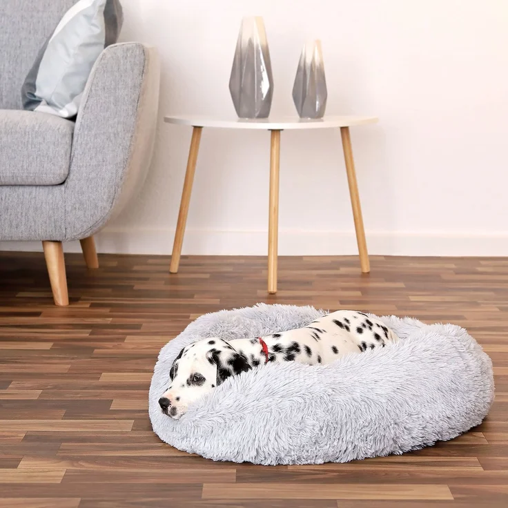 lionto Donut Hundebett, rundes Hundesofa mit Plüschbezug & Anti-Rutsch-Noppen, weich & gemütlich, 60 cm Durchmesser, hellgrau – Bild 2