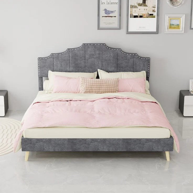 EINHOM Modernes Minimalistisches Polsterbett mit Weichem Kopfteil, 160 x 200 cm, Multifunktionale Schlafzimmermöbel, Bettgestell mit Niedrigem Kasten, ohne Gasdruckfeder, Grau, (Ohne Matratze) – Bild 3