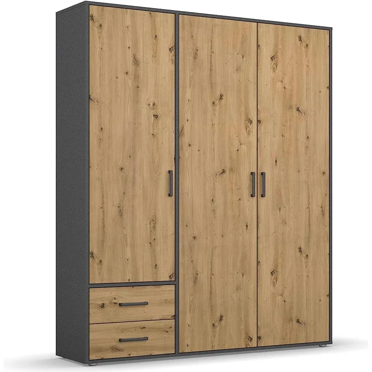 Rauch Möbel Voyager Schrank Kleiderschrank Drehtürenschrank, Eiche Artisan/Graumetallic, 3-türig mit 2 Schubladen, inkl. 1 Kleiderstange, 3 Einlegeböden BxHxT 140x194x53 cm