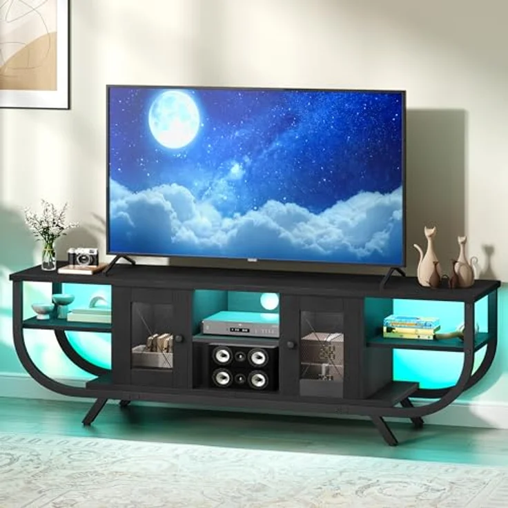 YITAHOME Industrielles TV-Schrank, TV Lowboard für Fernseher bis zu 55 Zoll mit LED-Beleuchtung,Wohnzimmer Fernsehschrank TV Board mit Offenen Stauraum (Schwarz, 140CM) – Bild 1