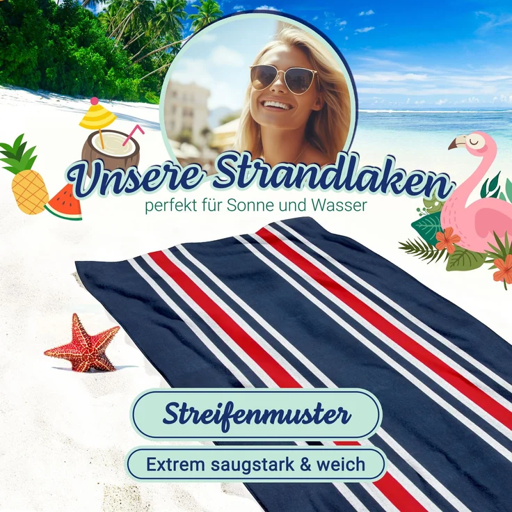 ZOLLNER Strandlaken XXL aus Baumwolle Velours, 100x200 cm, blau-rot-weiß gestreift – Bild 3