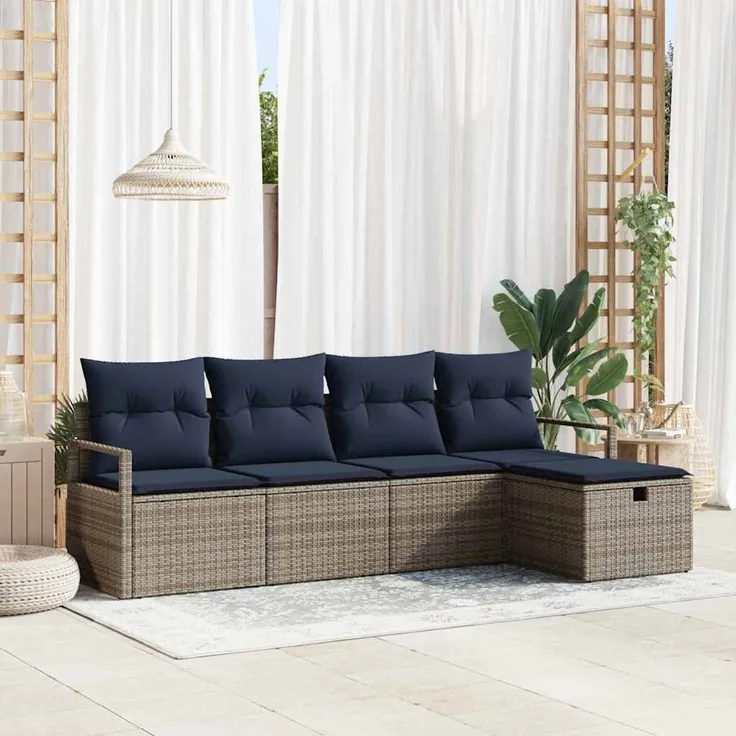 vidaXL Sofa Set 5 stk. 5-Sitzer Grau und Marineblau Poly-Rattan 3359164
