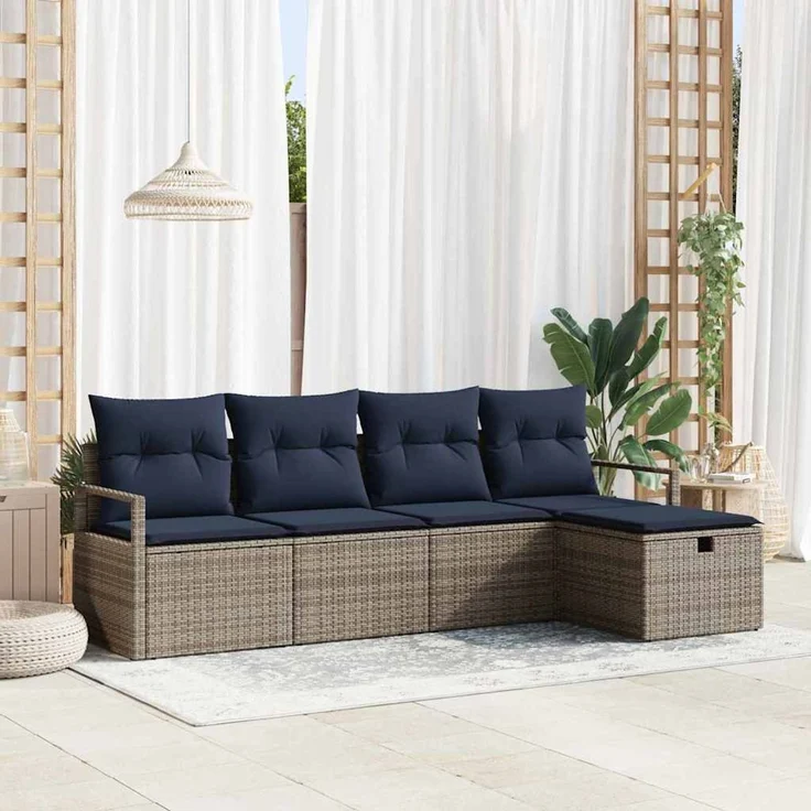 vidaXL Sofa Set 5 stk. 5-Sitzer Grau und Marineblau Poly-Rattan 3359164 – Bild 1